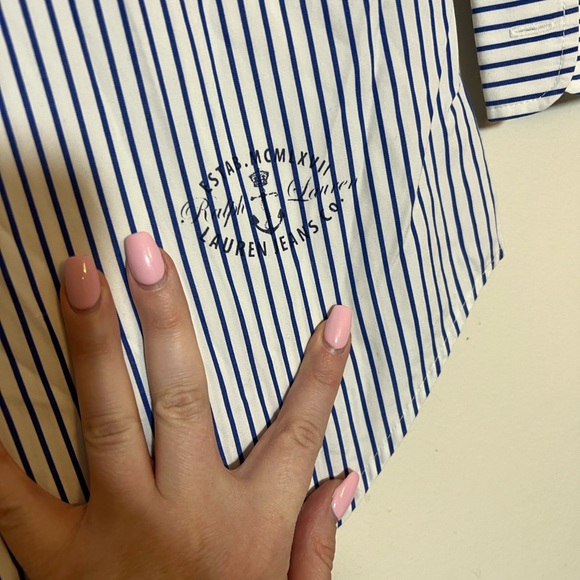Ralph Lauren LRL Blue & White Pinstripe Bib Button Front Long Sleeve Shirt M - Picture 4 of 5